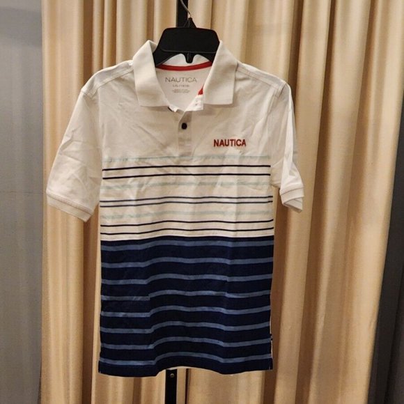 Nautica Boys Short Sleeved Polo Striped Style Shirt White Blue Size L (14/16) - Picture 1 of 9